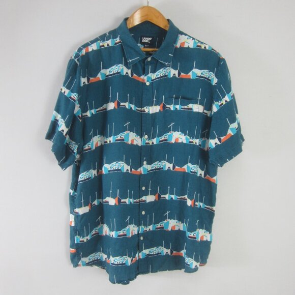 Lands End Mens XLT Tall Teal Blue Sailboat Nautical Print SS 100% Linen Shirt - Picture 1 of 7